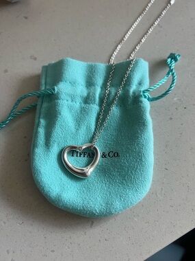 Tiffany & Co. Sterling Silver Open Heart Necklace with Diamond - Turquoise Pouch